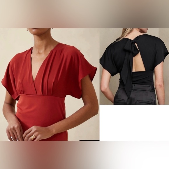 BANANA REPUBLIC Y2K V-NECK TIE BACK TOP FLUTTER SLEEVES BRICK RED SZ MEDIUM NWT - Picture 2 of 8